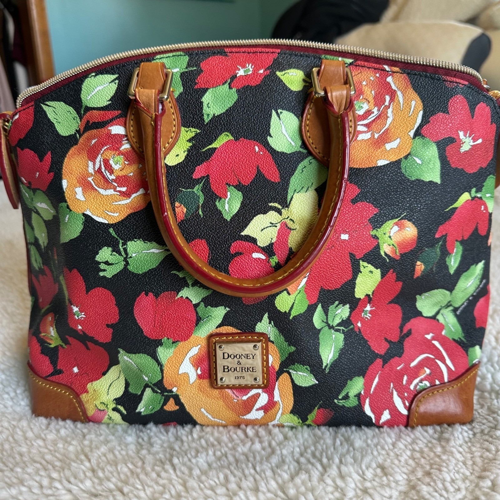 Dooney & Bourke Rose Garden Floral Dome Satchel Black Coated Cotton Handbag
